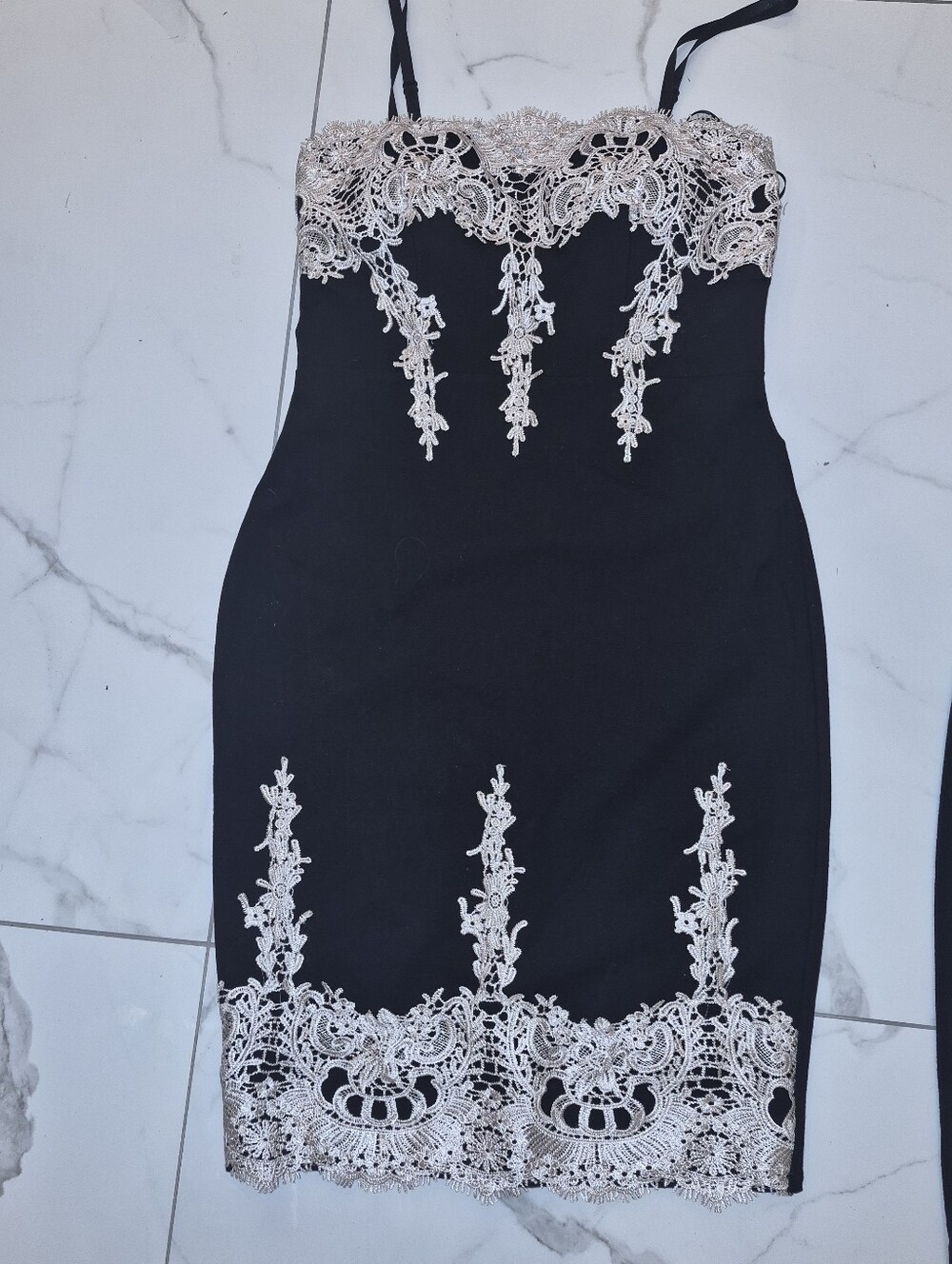 Haute Monde Black Mini Dress with Ivory Lace Appliqué